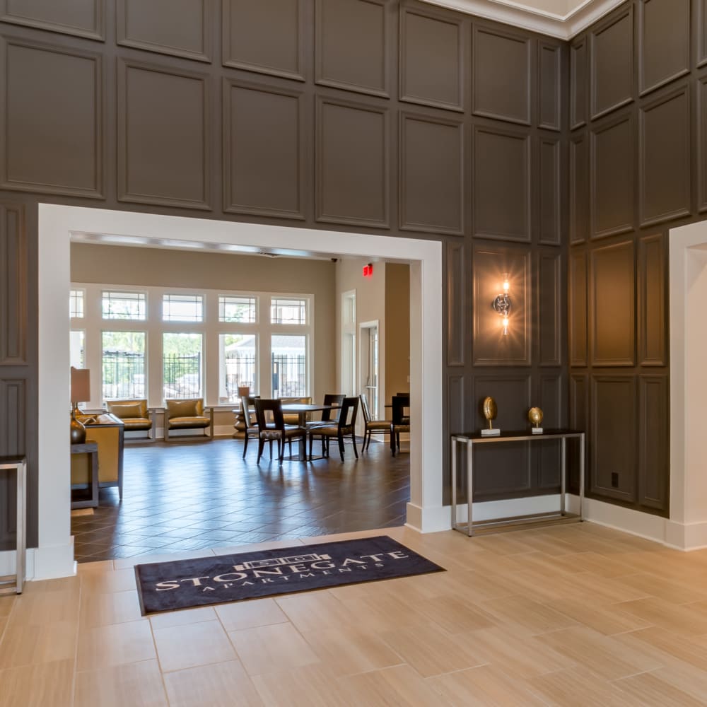 Clubhouse entrance with seating area at Stonegate at the Crossroads in Zion Crossroads, Virginia