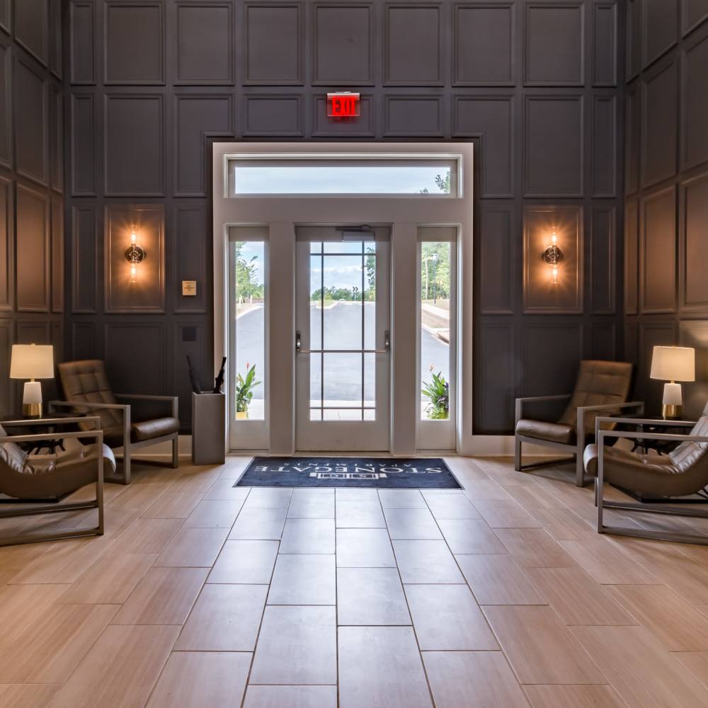 Elegant lobby with seating at Stonegate at the Crossroads in Zion Crossroads, Virginia