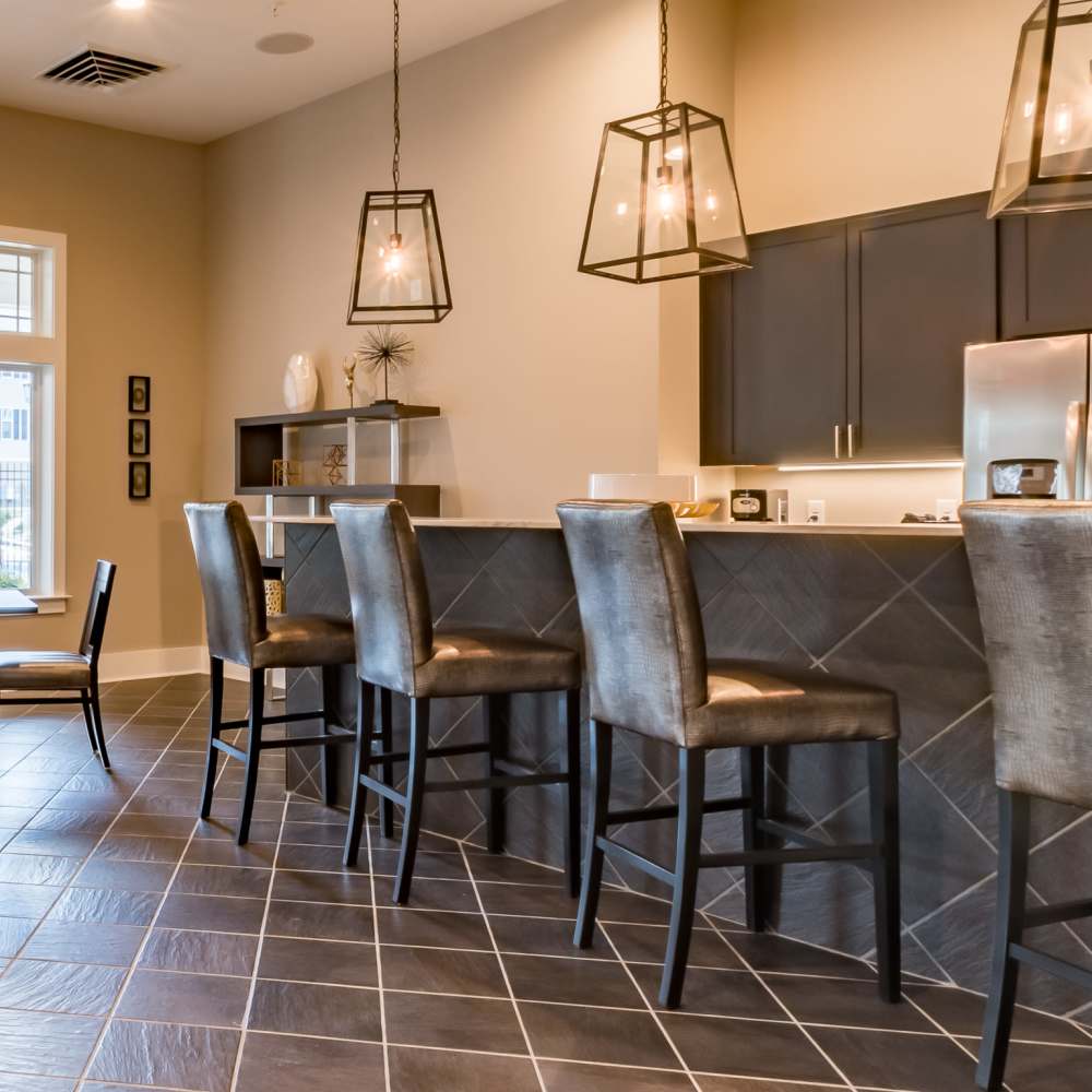 Modern kitchen with bar seating at Stonegate at the Crossroads in Zion Crossroads, Virginia