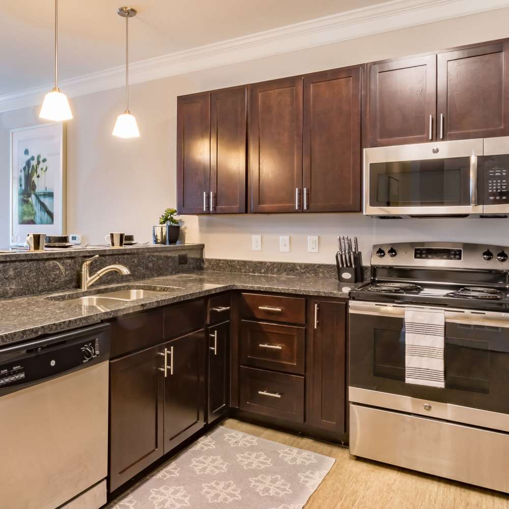 Modern kitchen with granite countertops at Stonegate at the Crossroads in Zion Crossroads, Virginia