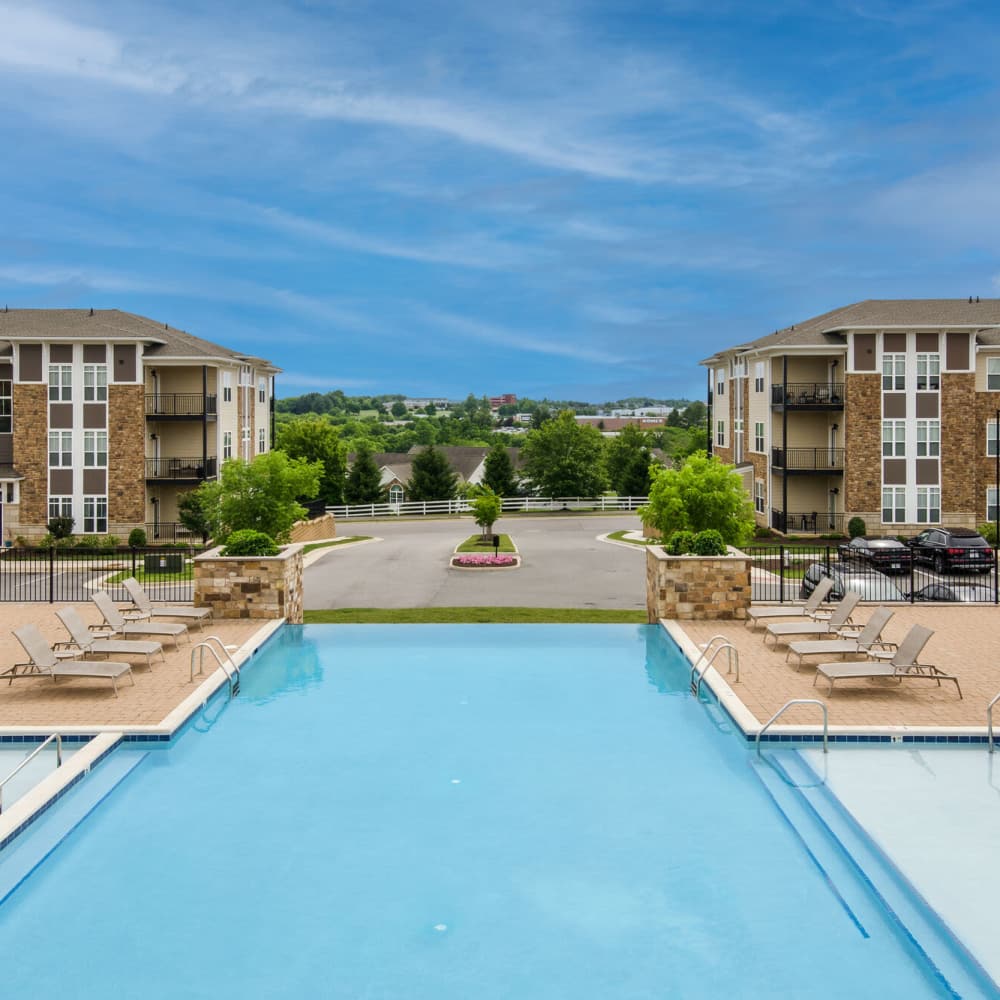 Sparkiling pool with lounge seating at The Adams at Peppers Ferry in , Virginia