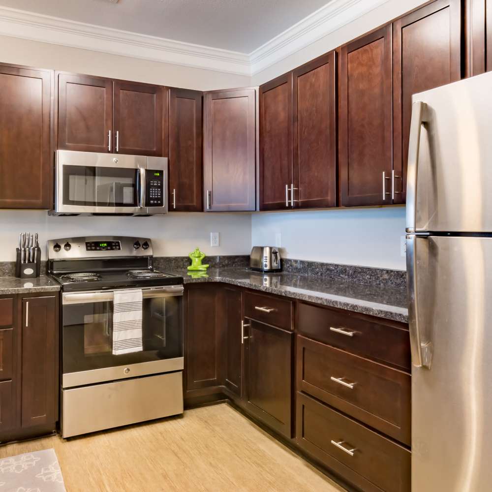 Kitchen with stainless-steel appliances at The Adams at Peppers Ferry in Christiansburg, Virginia