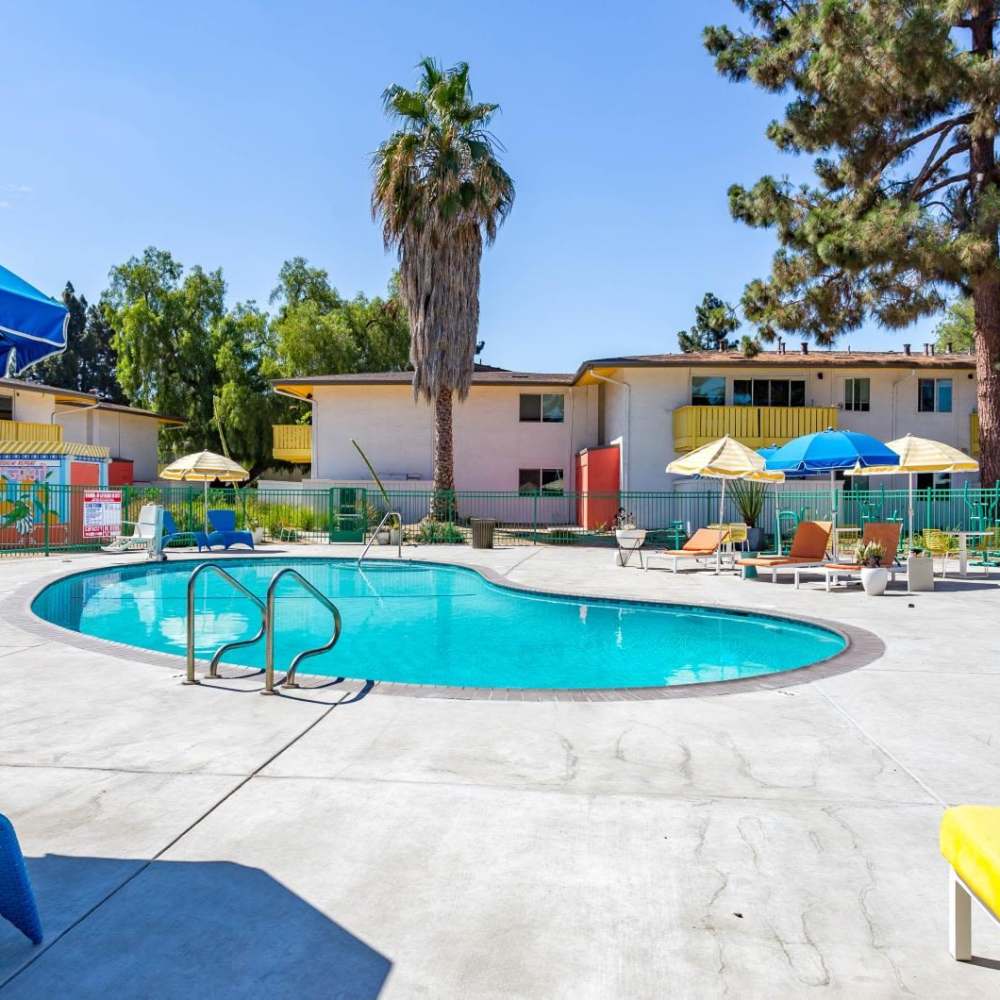 Sparkling pool with lounge chairs at Tempo Fremont in Fremont, California