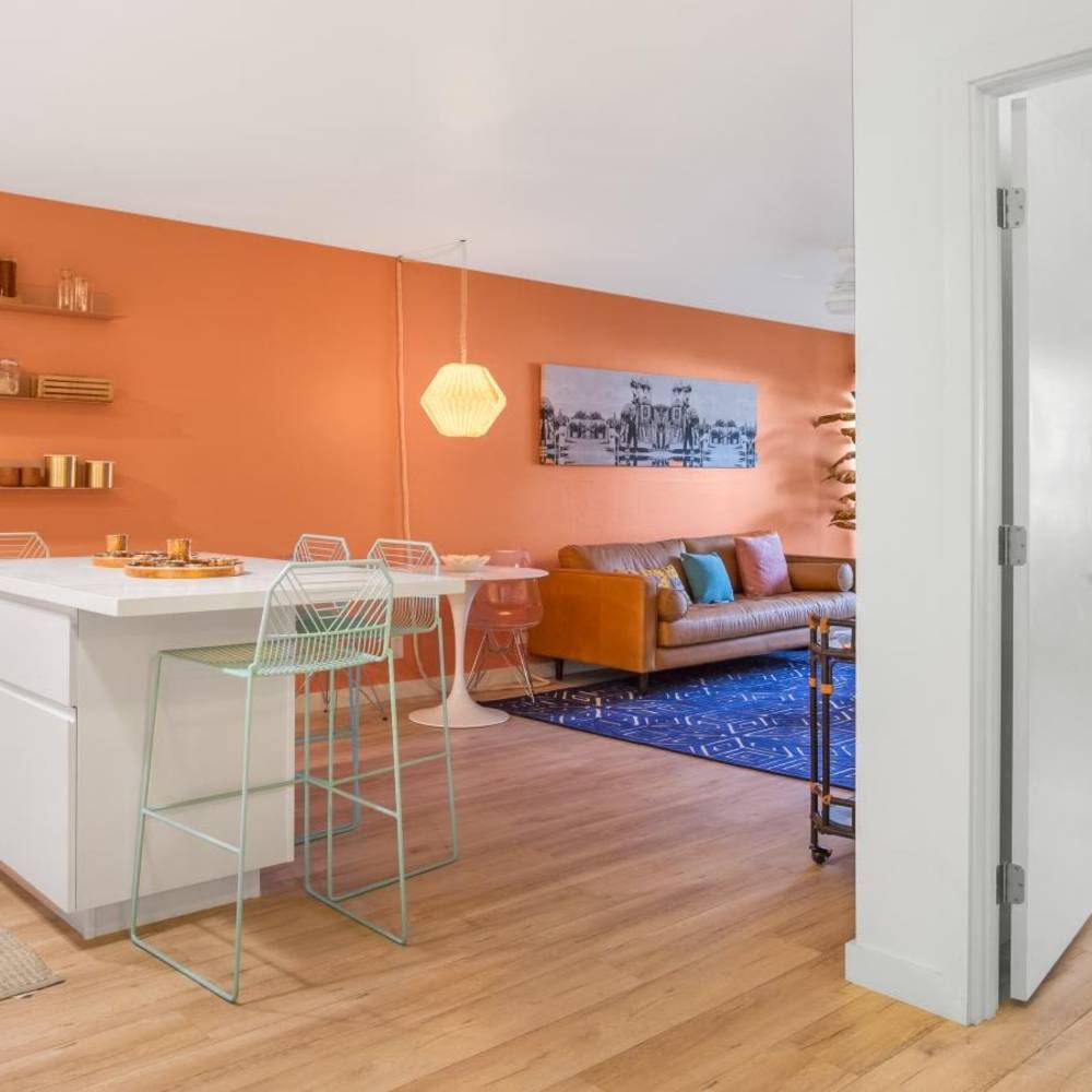 Open layout with wood-style flooring at Tempo Fremont in Fremont, California