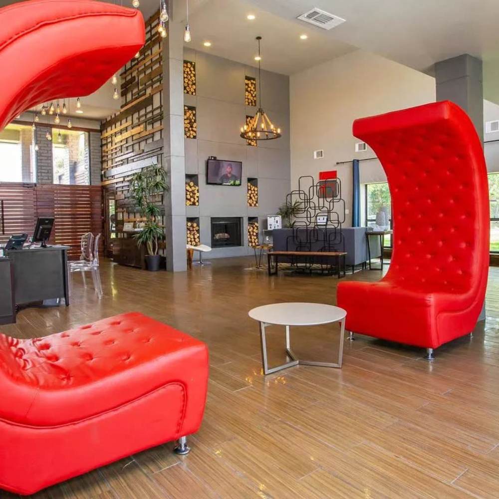 Modern sitting area at the clubhouse at Barcelo Apartment Homes in San Antonio, Texas
