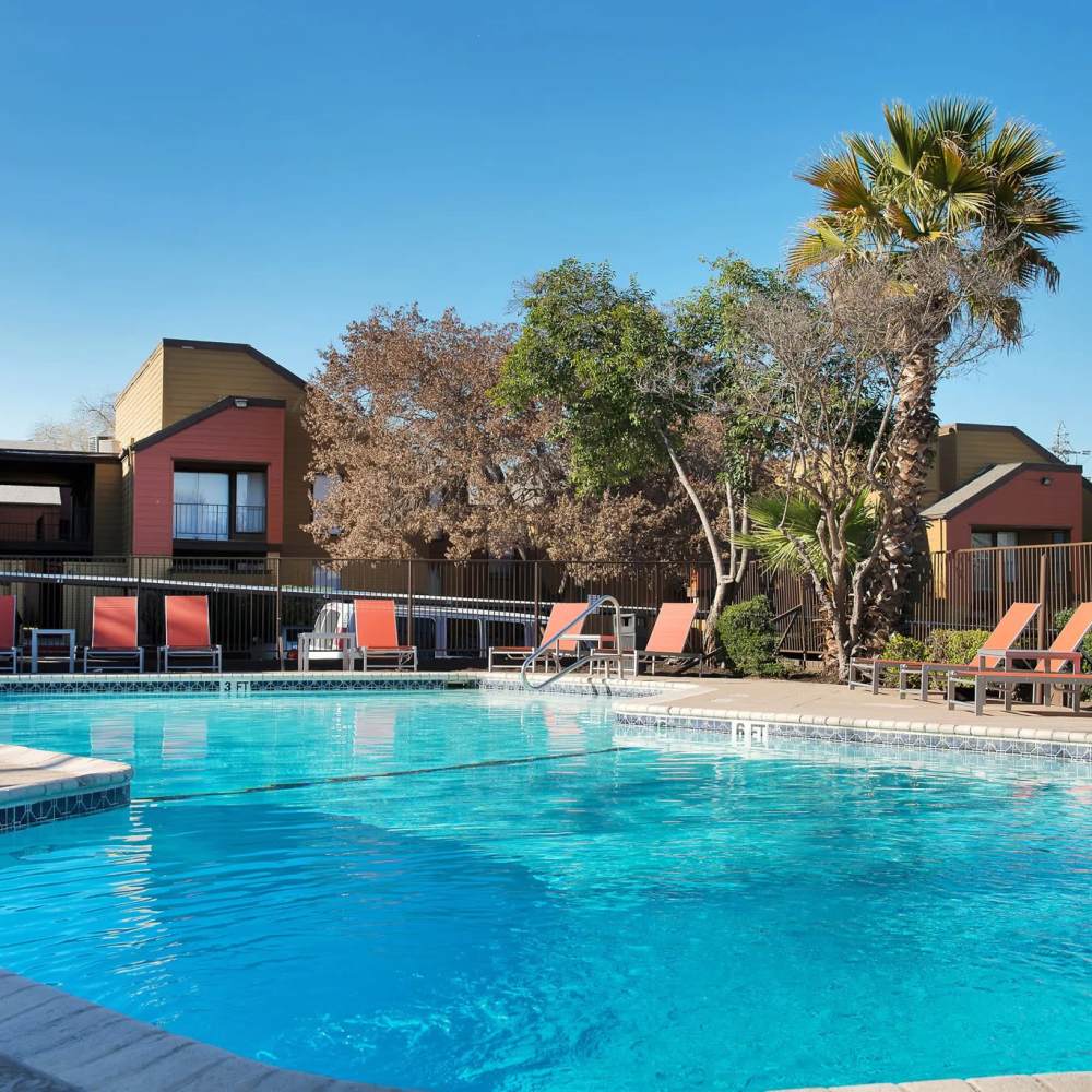 Swimming beside planation  at Barcelo Apartment Homes in San Antonio, Texas