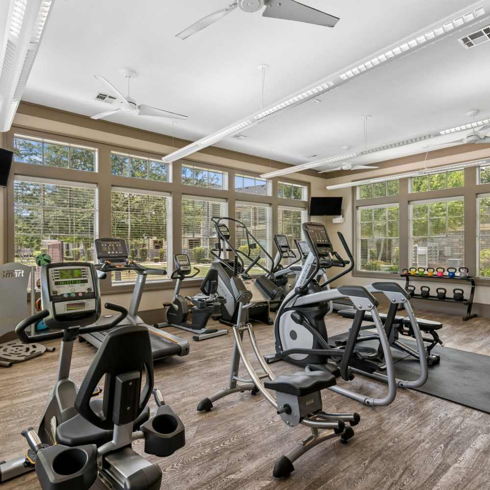Bright fitness center with modern equipment, large windows, and wood-style flooring at Plantation Park Apartments in Lake Jackson, Texas