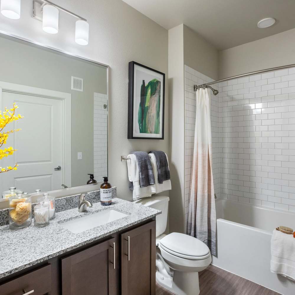 Bright, modern bathroom with granite countertops at August Friendswood in Friendswood, Texas