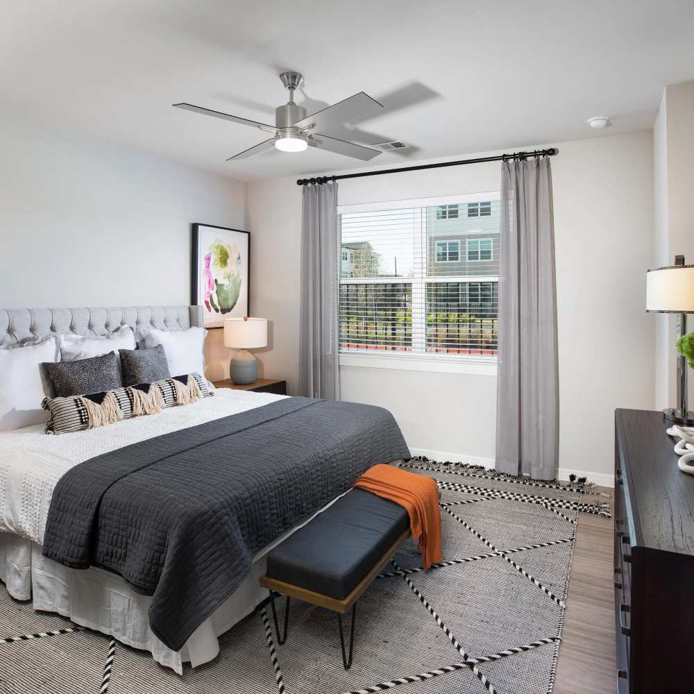 Cozy bedroom with modern decor at August Friendswood in Friendswood, Texas