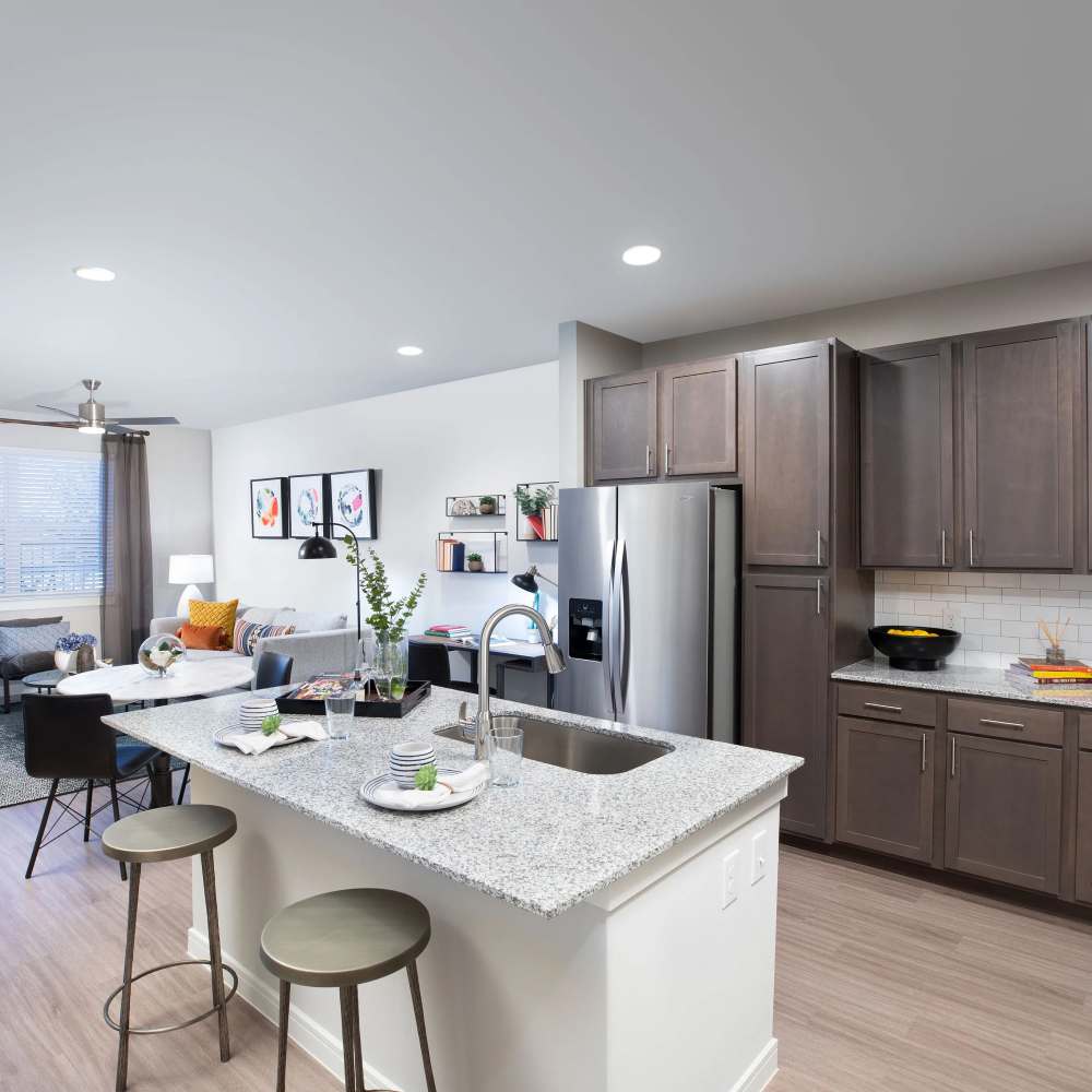 Granite countertops with stainless steel appliances at August Friendswood in Friendswood, Texas