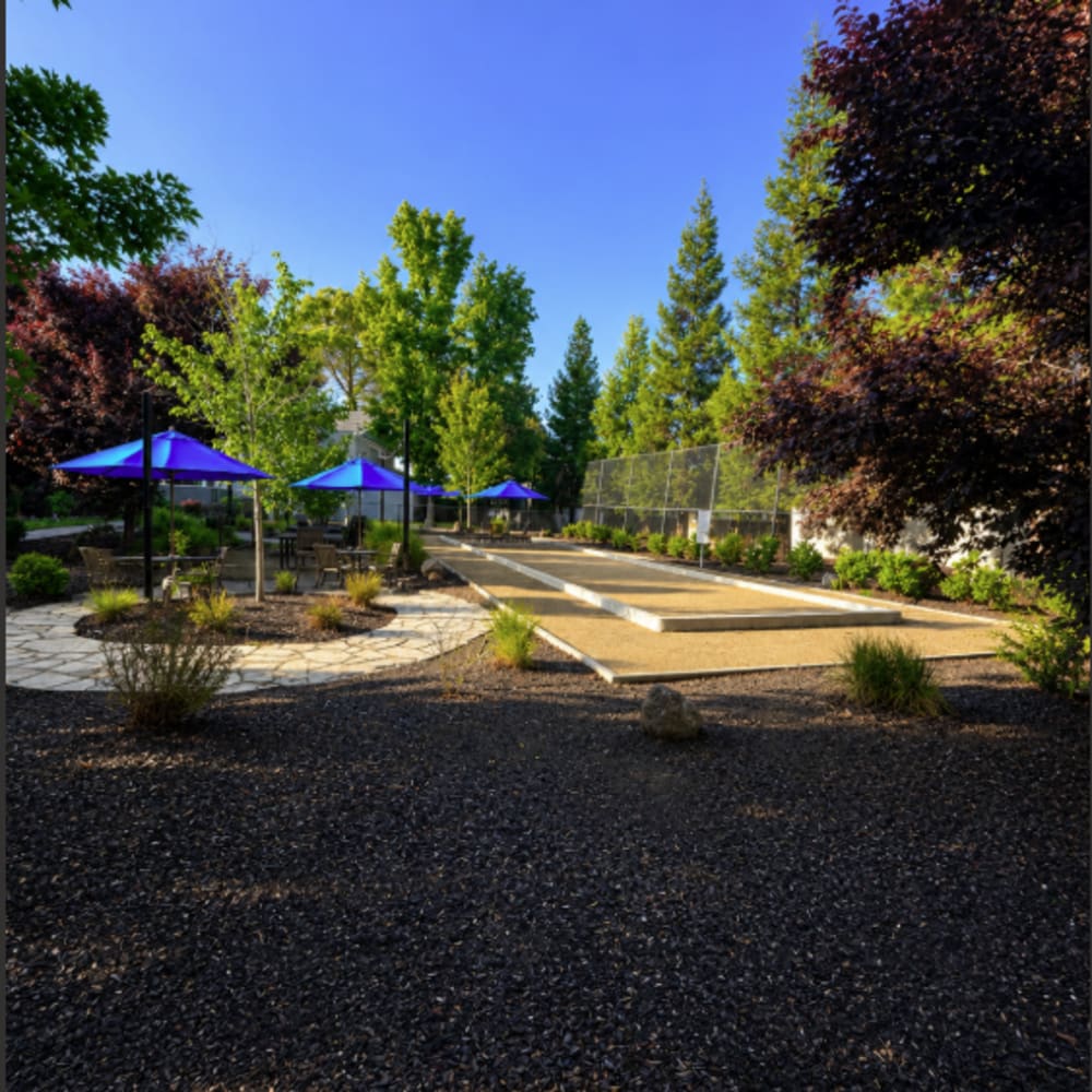 Outdoor court with seating, umbrellas, trees, and landscaped grounds at The Everette in Rocklin, California