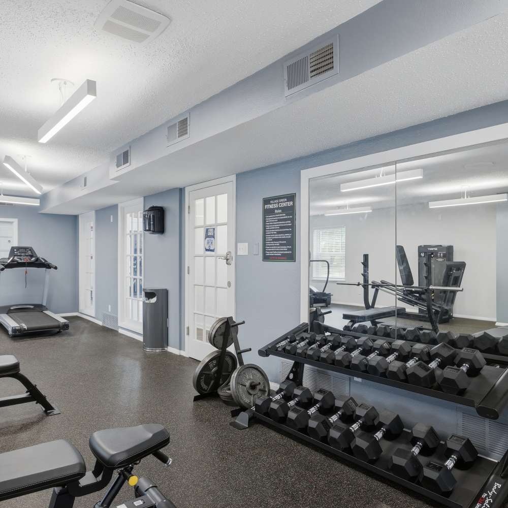 Fitness center at Village Green Apartments in Chesterfield, Missouri