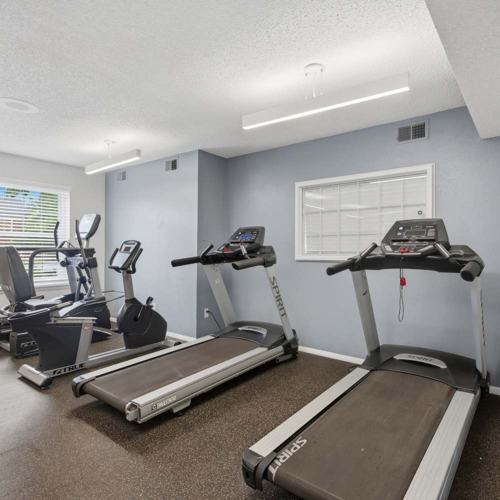 Fitness center at Village Green Apartments in Chesterfield, Missouri