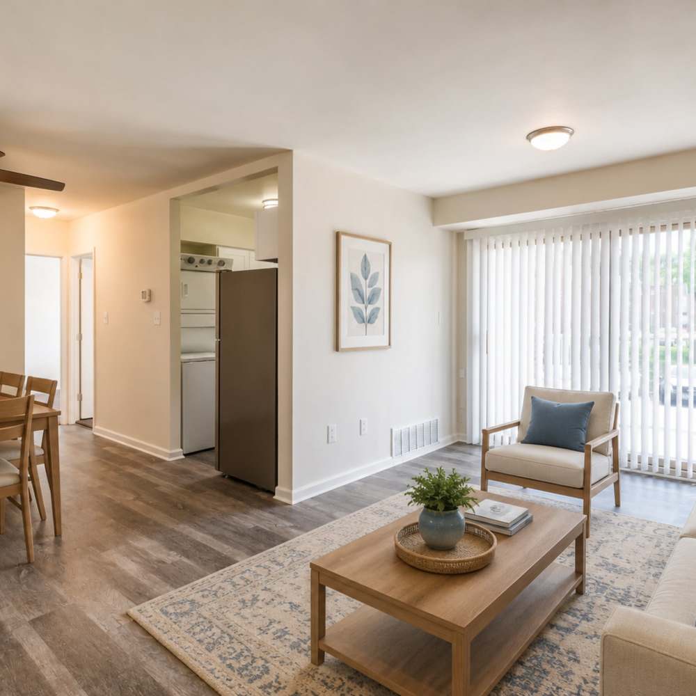 Dining area and living room of an open floor plan model home at Glen Mar Apartment Homes in Glen Burnie, Maryland