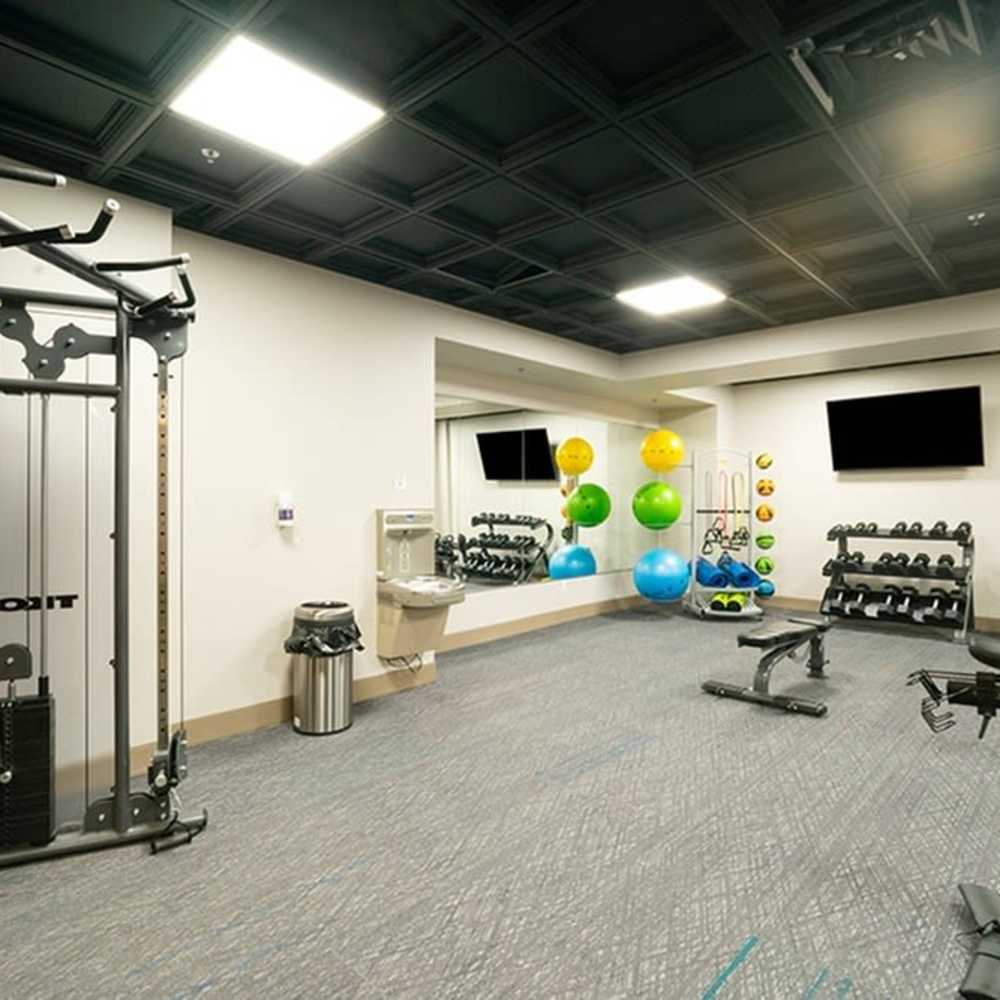 Modern fitness center with gym equipment, colorful exercise balls, and mirrored wall at Flats on Fifth in Louisville, Kentucky