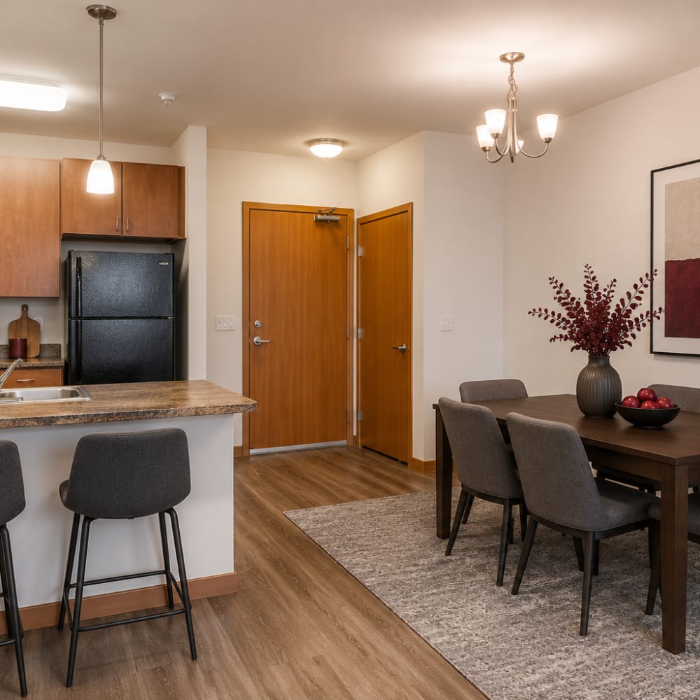 Kitchen with granite countertops and stainless-steel appliances at Cudahy, Wisconsin at Layton Square