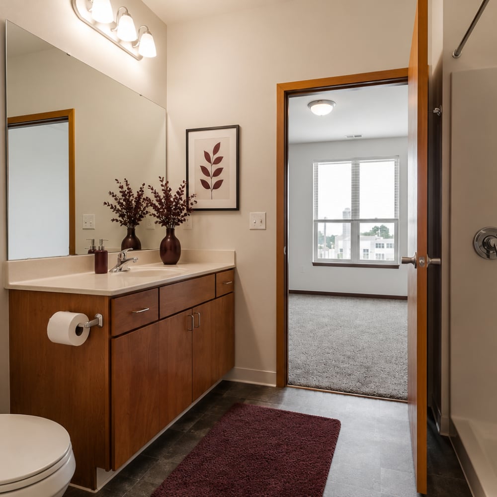Bathroom with a toilet and a large mirror at Cudahy, Wisconsin at Layton Square