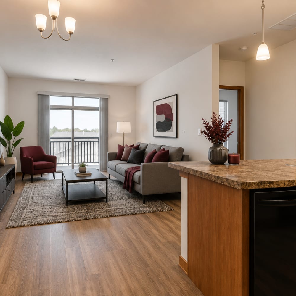 Kitchen with wooden cabinets at Layton Square in Cudahy, Wisconsin