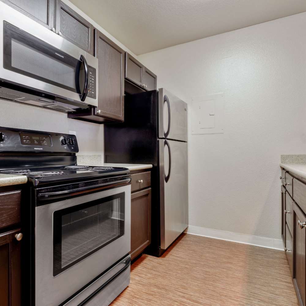 Stainless-steel appliances in an apartment kitchen at Bridges at San Ramon in San Ramon, California
