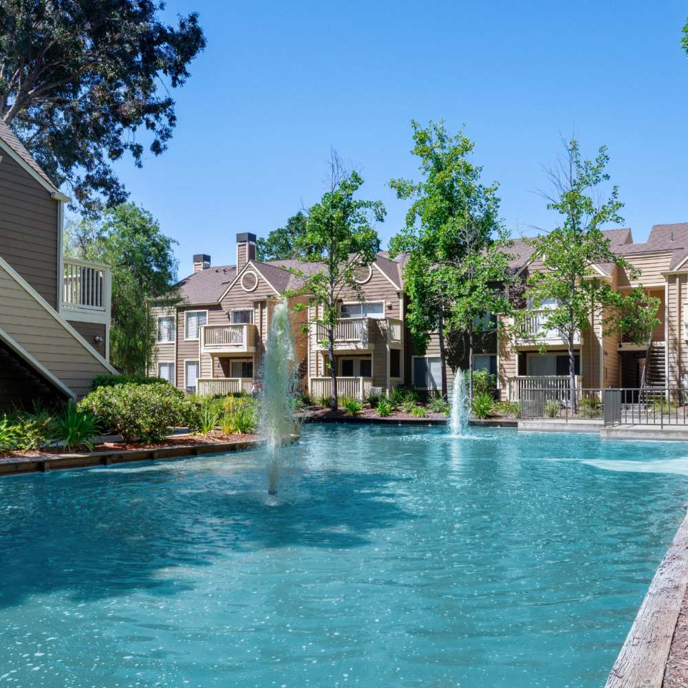 Fountain between buildings at Bridges at San Ramon in San Ramon, California