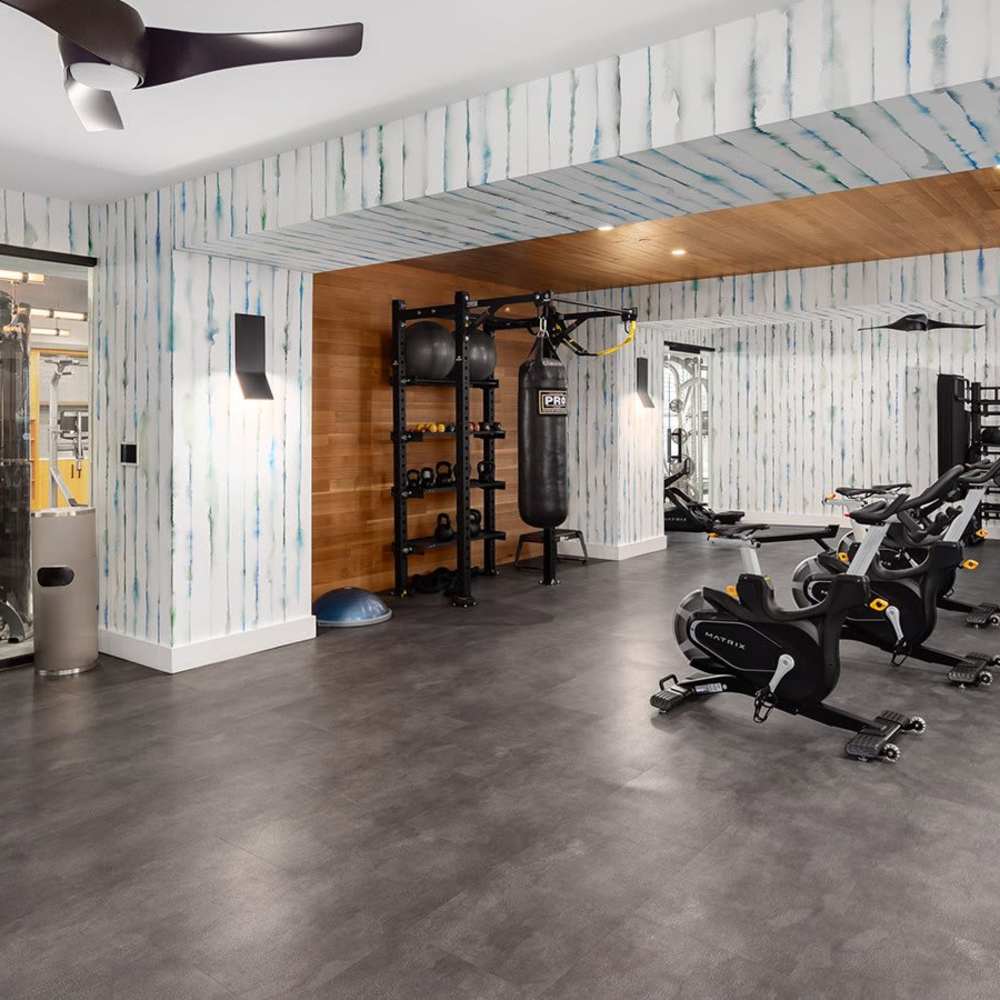 Exercise bikes and punching bag in gym at Novel Midtown in Atlanta, Georgia