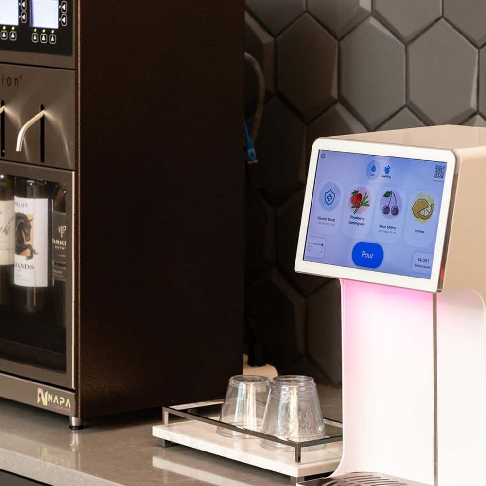 Touchscreen beverage dispenser with cups at Novel Midtown in Atlanta, Georgia