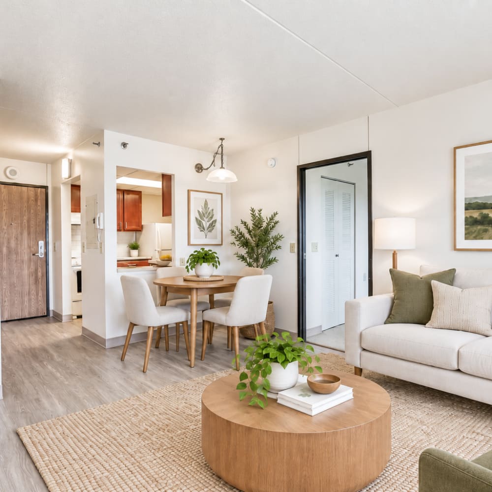 Living room with wood flooring at Village Center in Detroit, Michigan