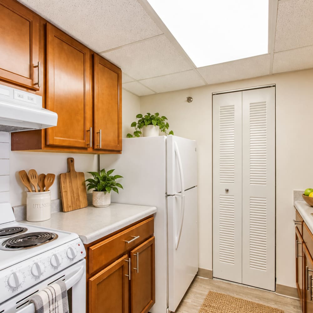 Kitchen with wood cabinetries at Village Center in Detroit, Michigan