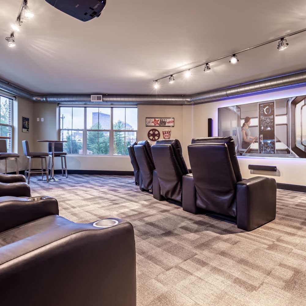 Theater room in the clubhouse at Water Street Apartments in Dayton, Ohio