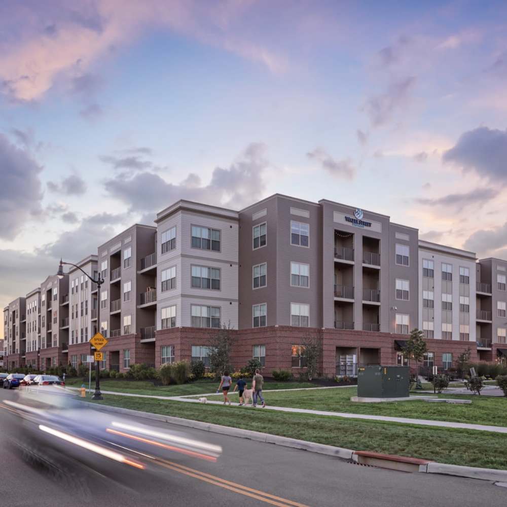 View of the building from the street at Water Street Apartments in Dayton, Ohio