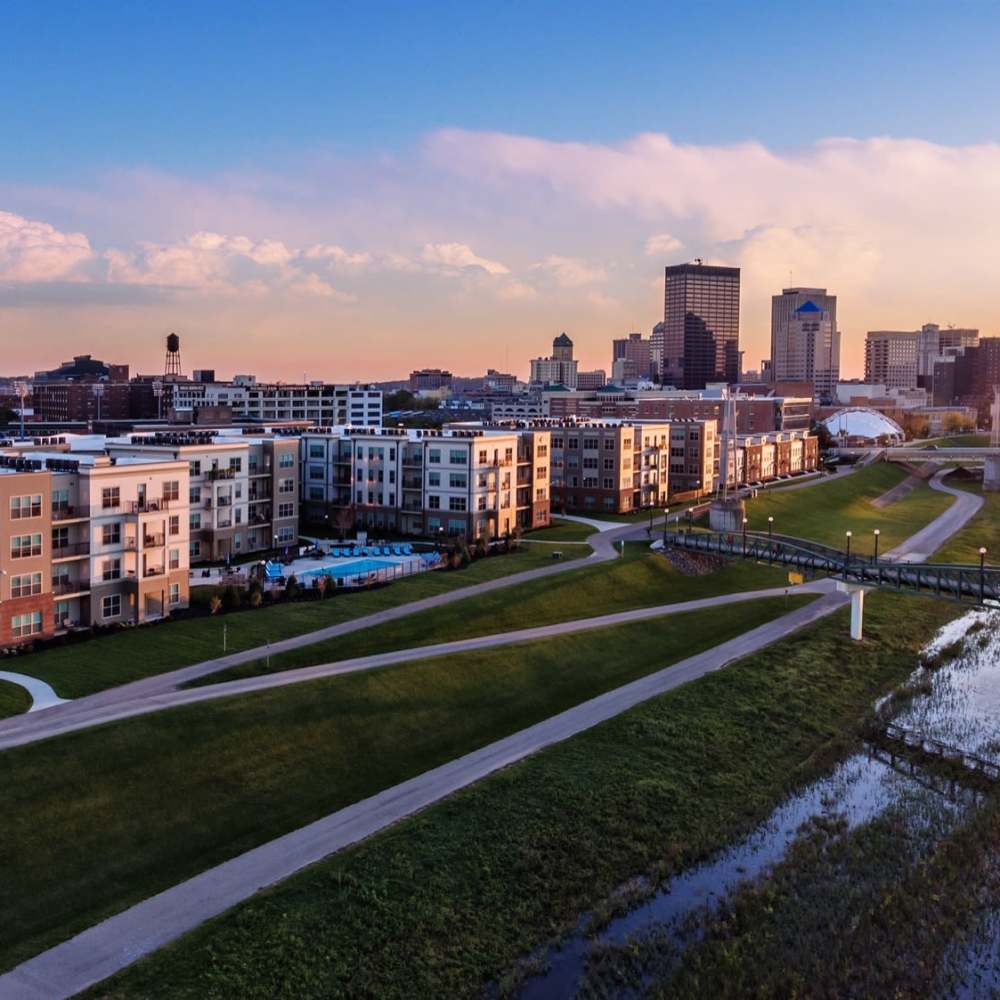 Paved paths leading up to Water Street Apartments in Dayton, Ohio