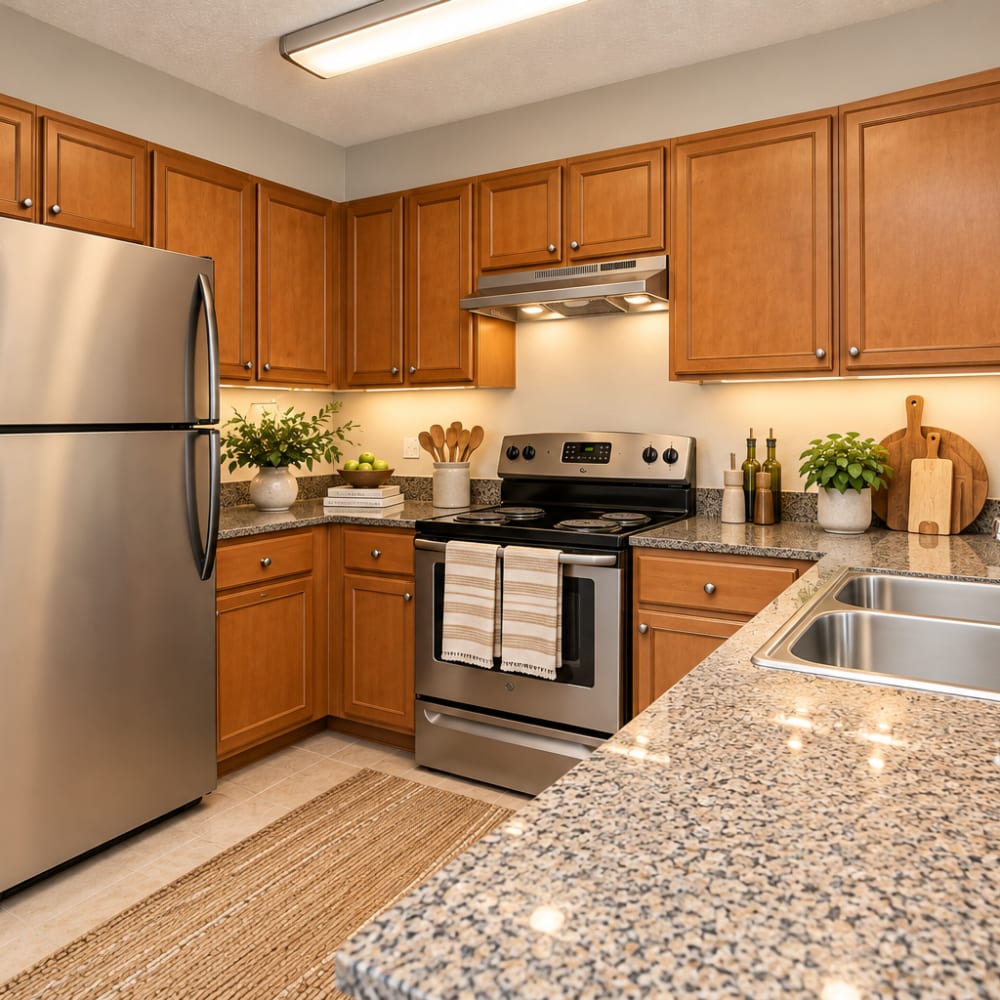 Bright kitchen with granite countertops, stainless steel appliances, and wood-style flooring, featuring a fruit bowl and flowers at The Reserve at Brookhaven in Palm Coast, Florida