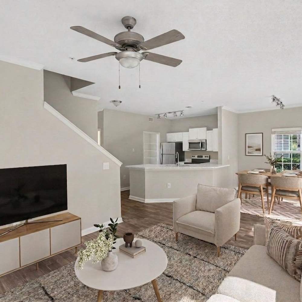 Spacious living room at The Grove at Ben Hill apartments in Atlanta, GA