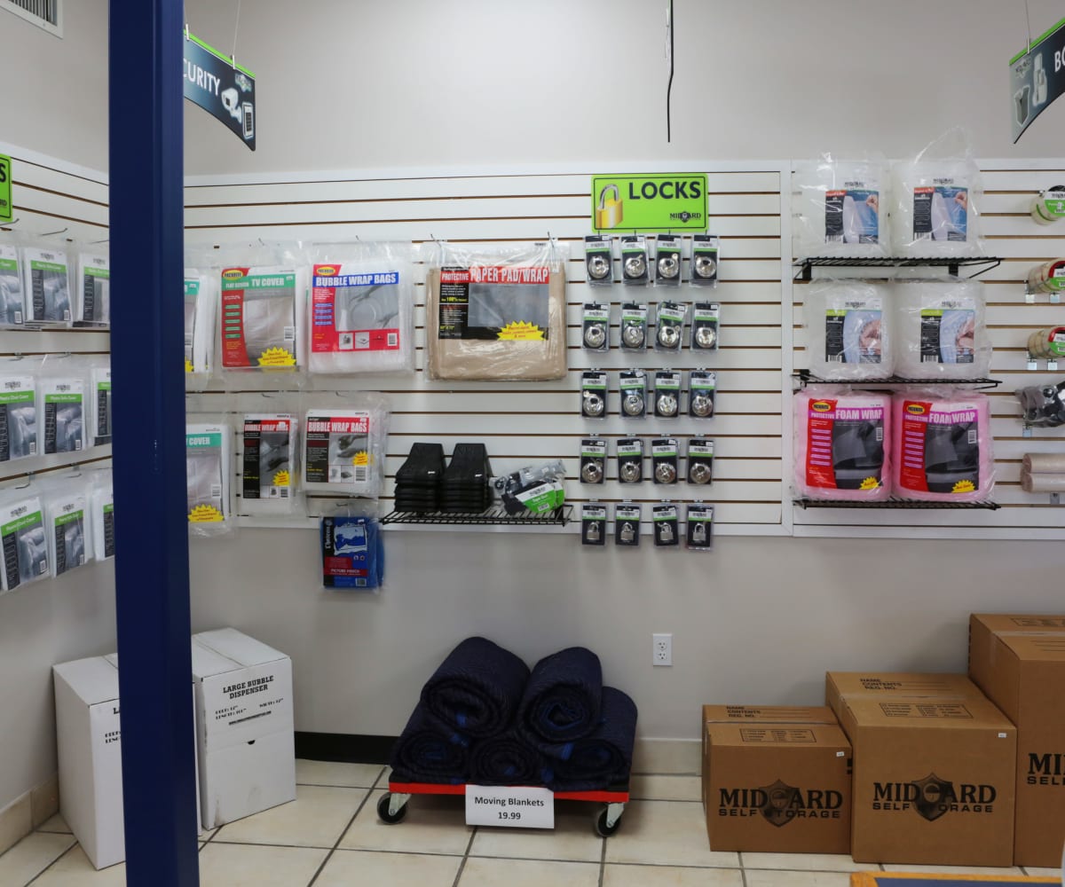 Midgard Self Storage in Lutz, Florida, has onsite packing and moving supply store
