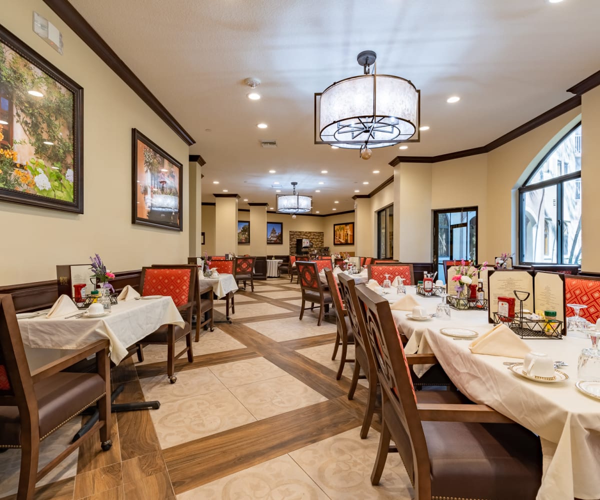 Spacious dining room at Pacifica Senior Living Forest Trace in Lauderhill, Florida