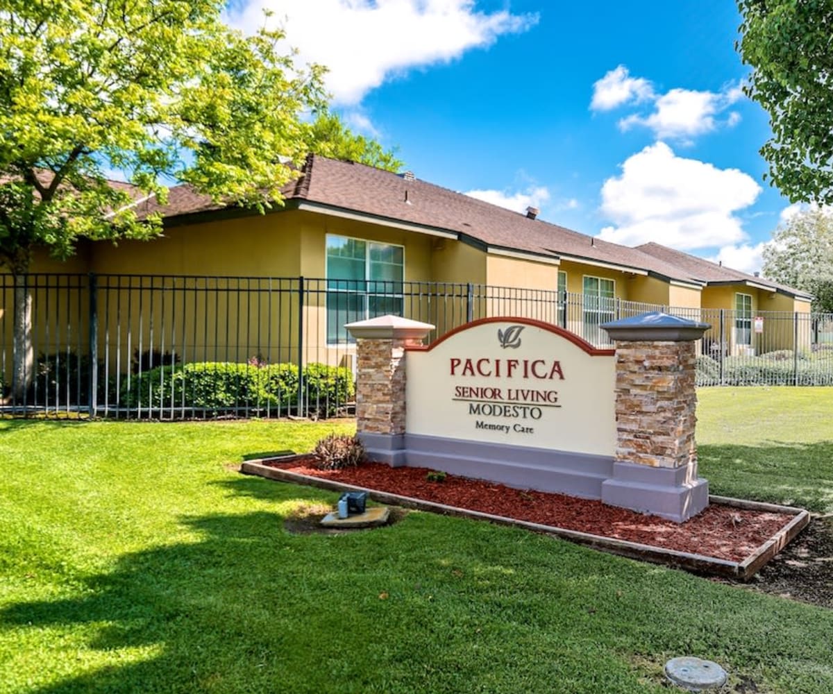 Front signage at Pacifica Senior Living Modesto in Modesto, California