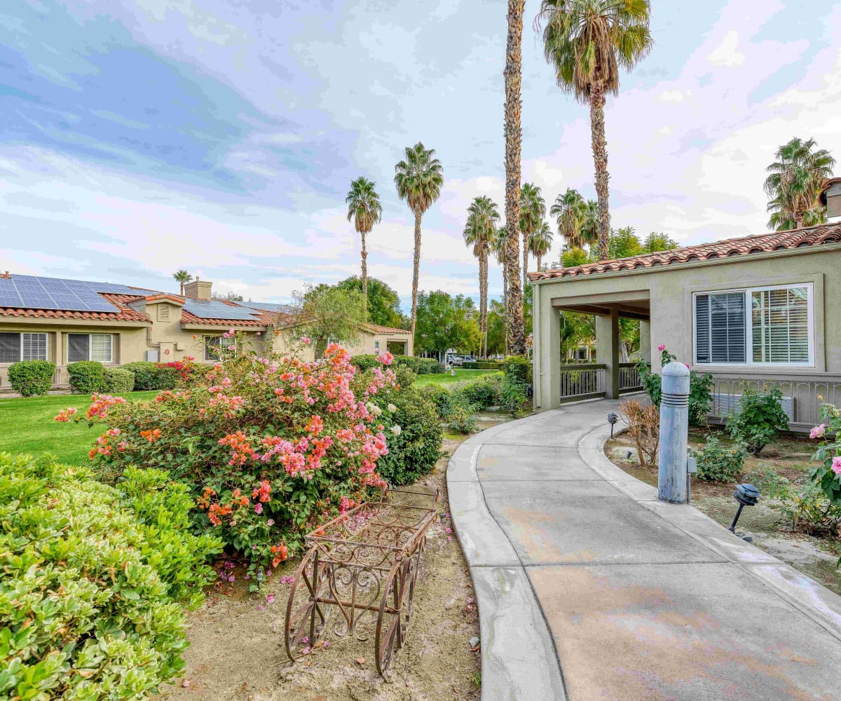 Outdoor paved walkways at Pacifica Senior Living Palm Springs in Palm Springs, California