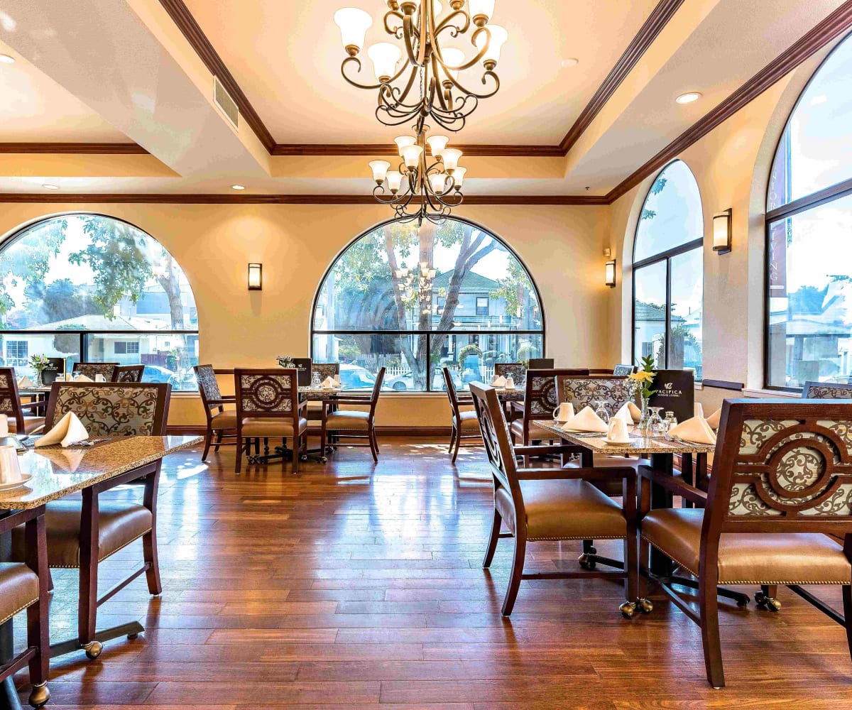 Large dining area at Pacifica Senior Living San Leandro in San Leandro, California
