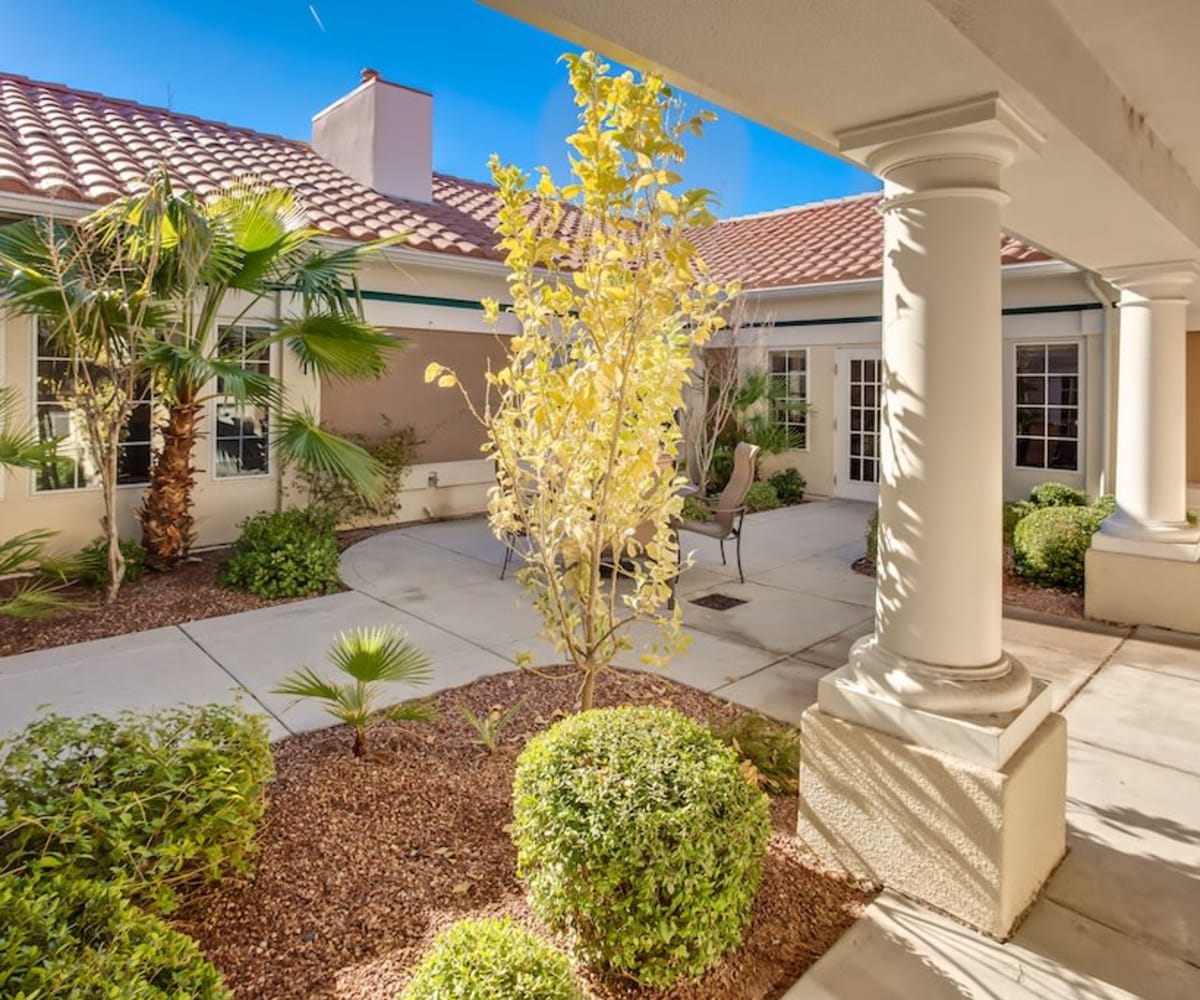 Outdoor paved walkways at Pacifica Senior Living Spring Valley in Las Vegas, Nevada