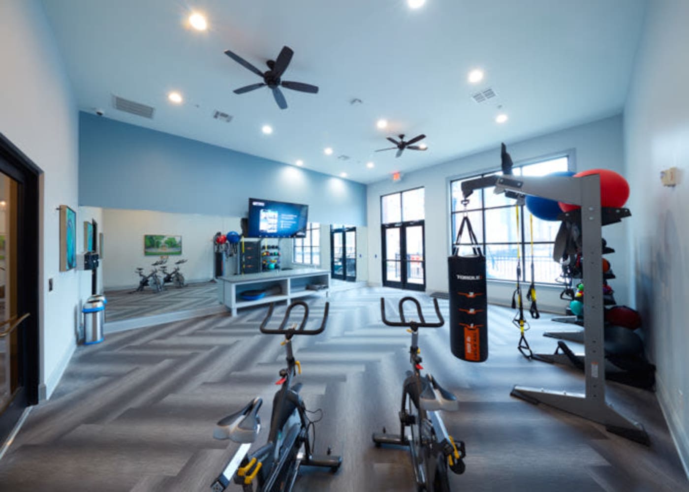 The fitness center at Trifecta Apartments in Louisville, Kentucky.