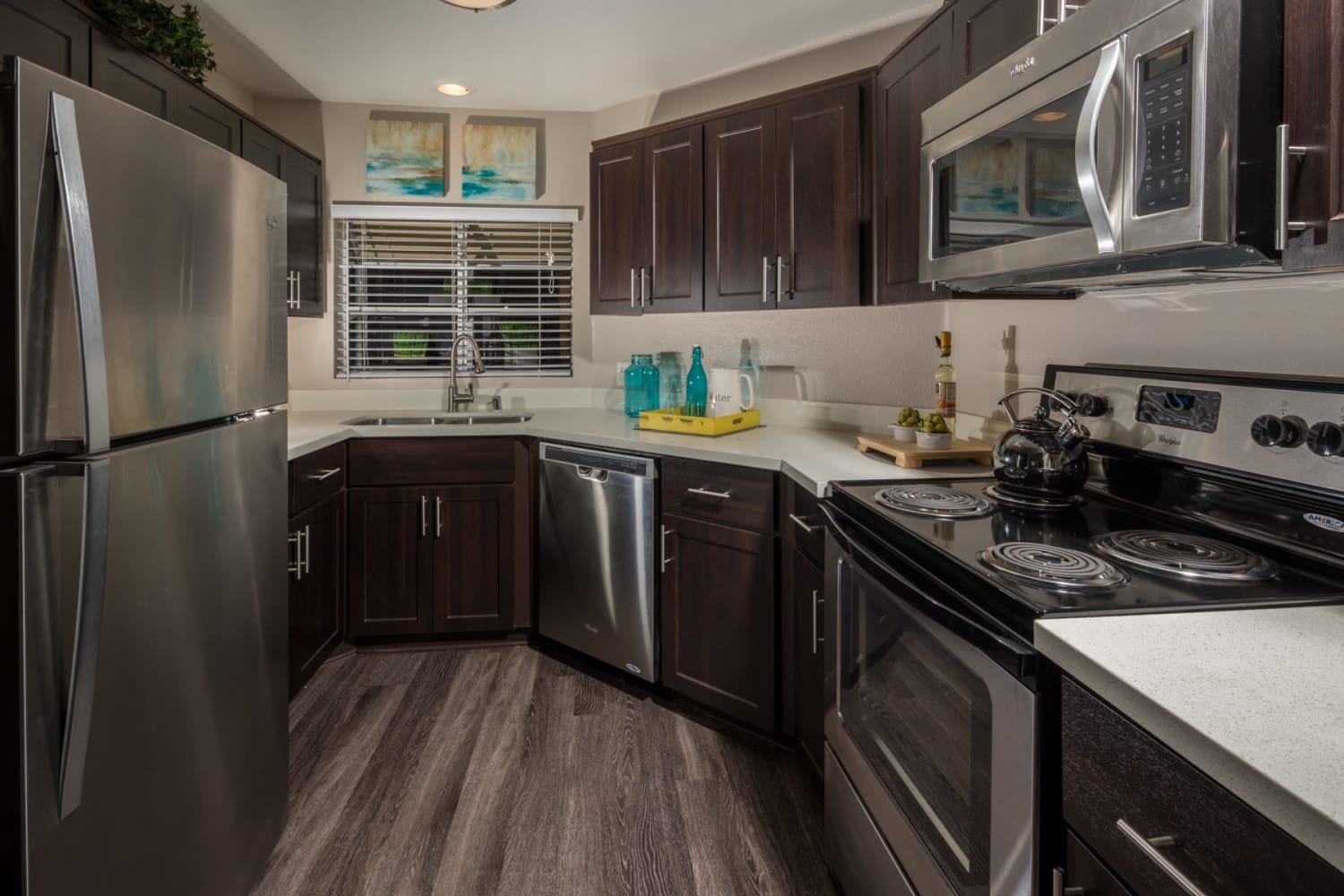 Spacious kitchen area at Sierra Heights Apartments in Rancho Cucamonga, California