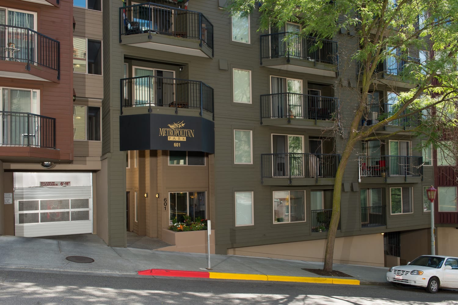Street entrance at Metropolitan Park Apartments in Seattle, Washington