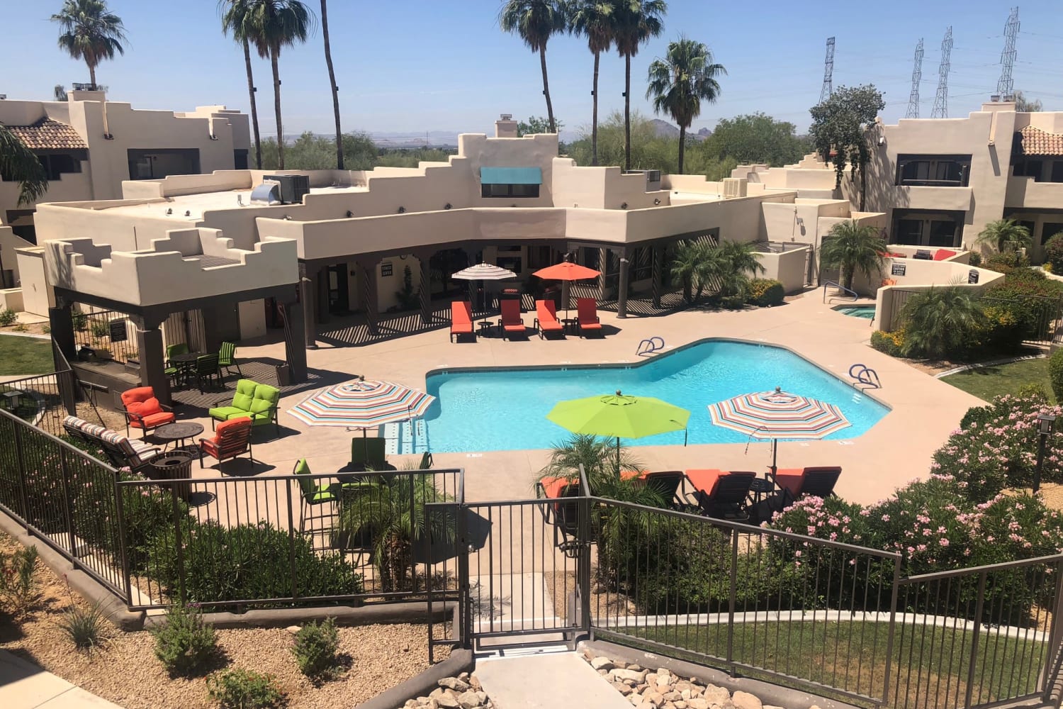 Aerial view of the pool area at Casa Santa Fe Apartments in Scottsdale, Arizona