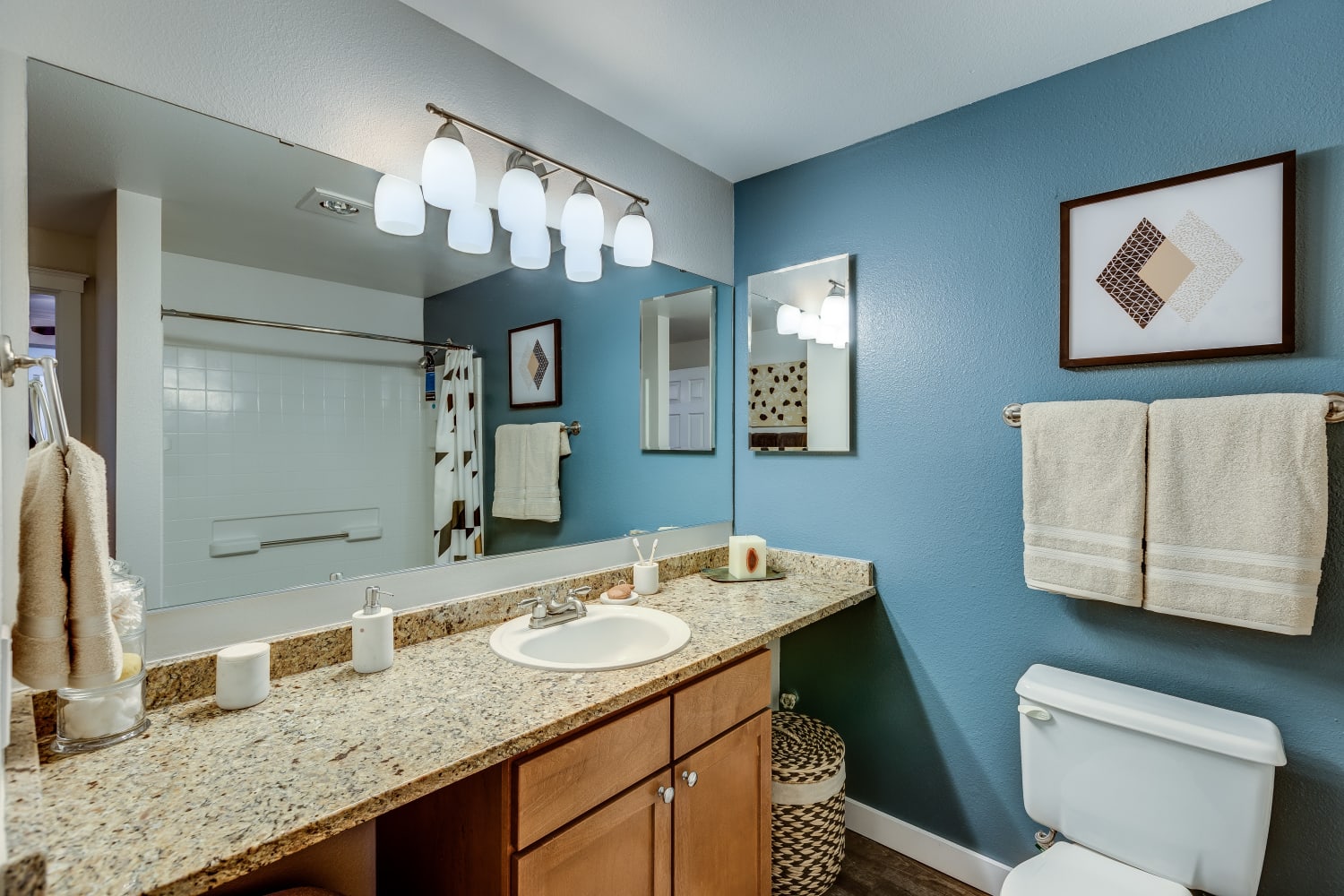 Bathroom with ample counter space at The Preserve at Forbes Creek in Kirkland, Washington