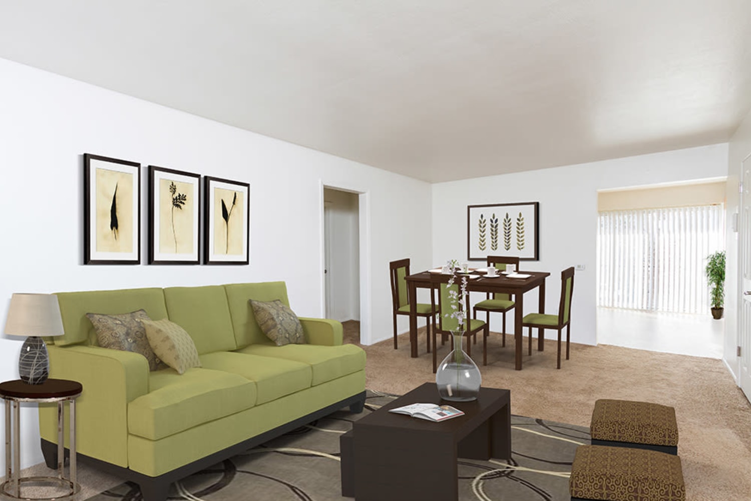 Model living room and dining area at Pittsford Garden Apartments in Pittsford, New York