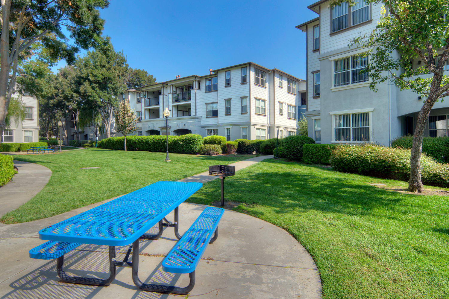 A blue picnic table outside of Park Hacienda Apartments in Pleasanton, California