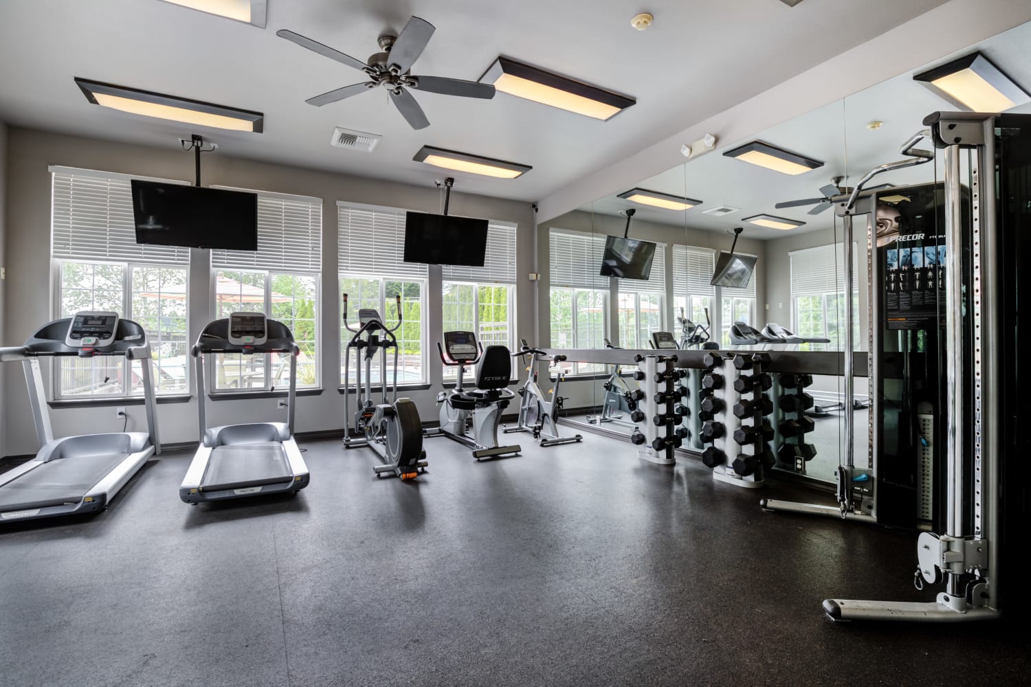 High end fitness equipment in fitness center at The Knolls at Inglewood Hill in Sammamish, Washington