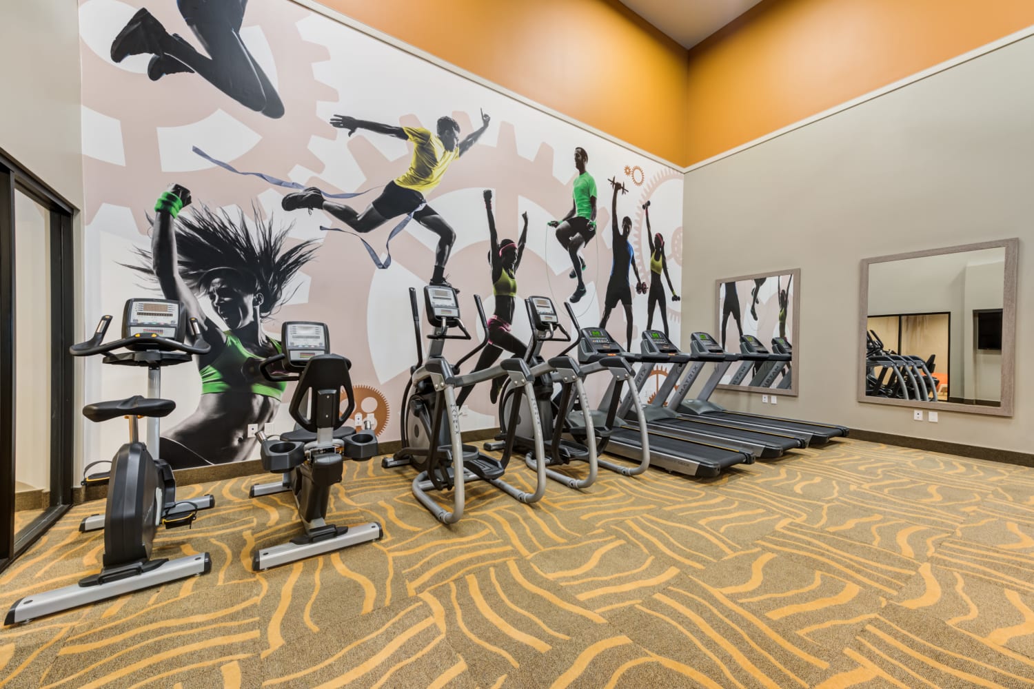 Modern exercise equipment in the fitness center at The Bluffs in Rancho Cucamonga, CA