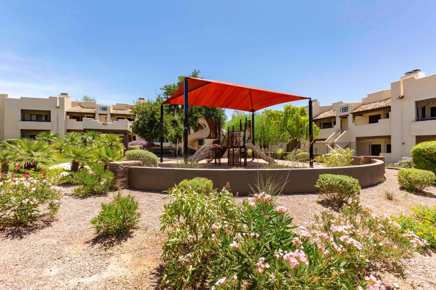 Aerial view of the facade at Casa Santa Fe Apartments in Scottsdale, Arizona