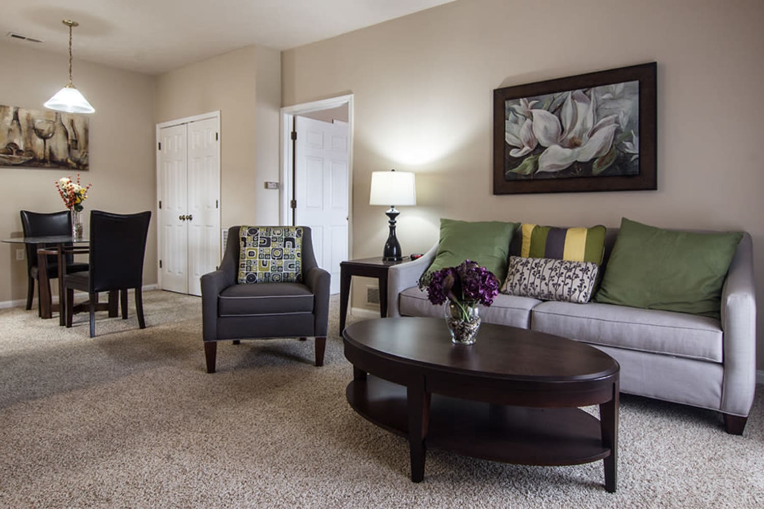 Model living room at Avalon at Northbrook Apartments & Townhomes in Fort Wayne, Indiana